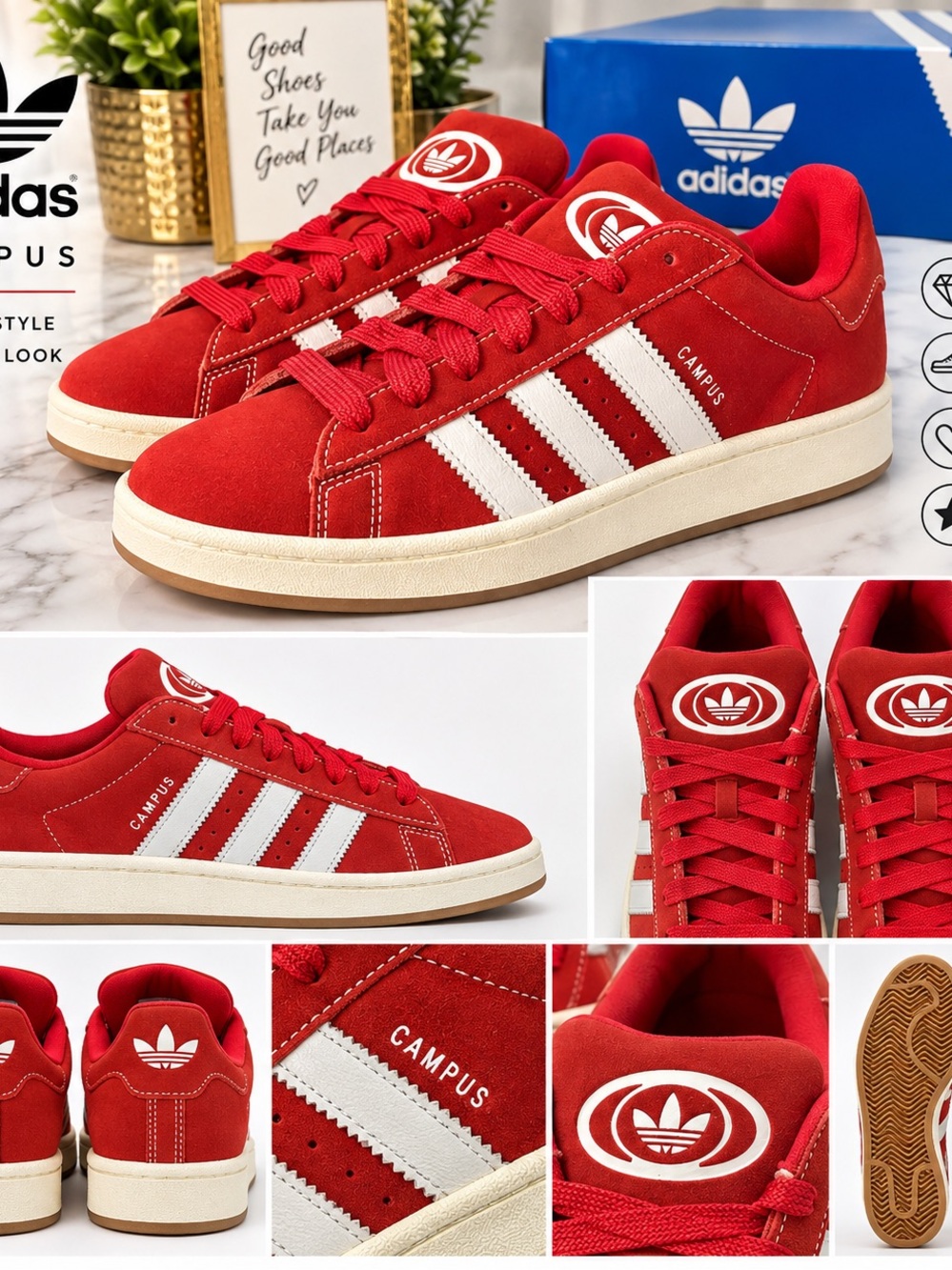 adidas Campus Red and White Suede Low-Top Sneakers